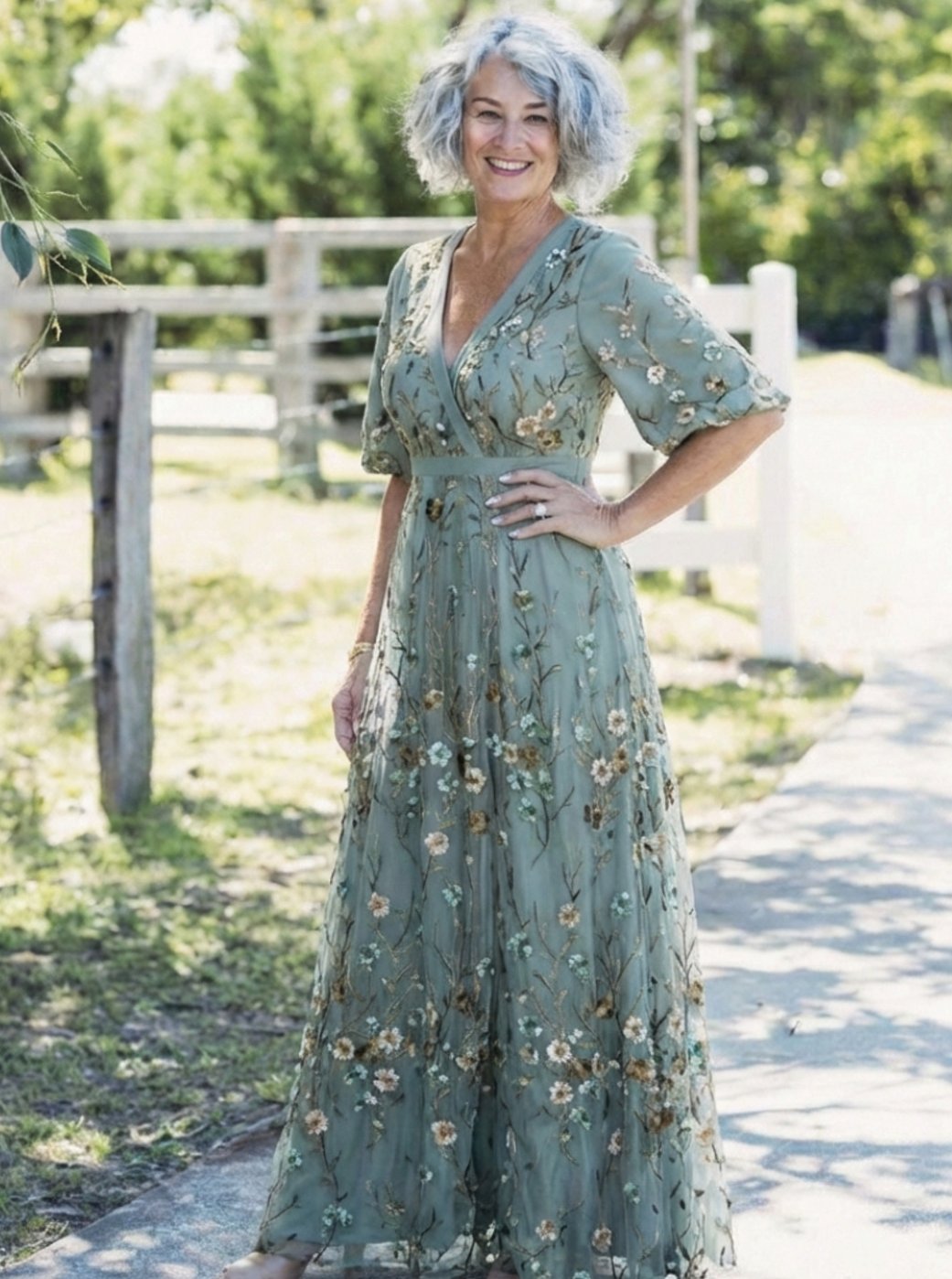 Women's Floral Embroidered Short Sleeve Maxi Dress V-Neck