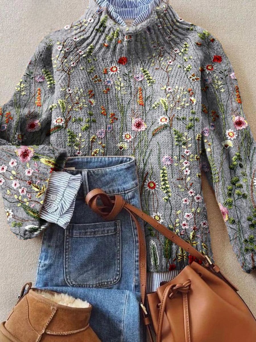 Women's Floral Embroidered Turtleneck Sweater Relaxed Knit Pullover - Multicolor