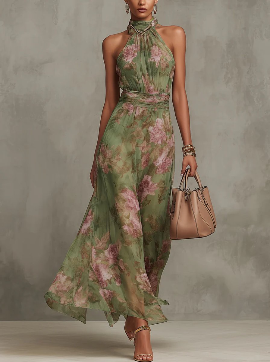 Women's Floral Halter Neck Sleeveless Maxi Dress - Green