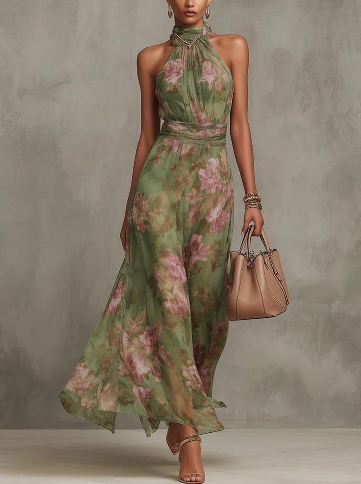 Women's Floral Halter Neck Sleeveless Maxi Dress - Green