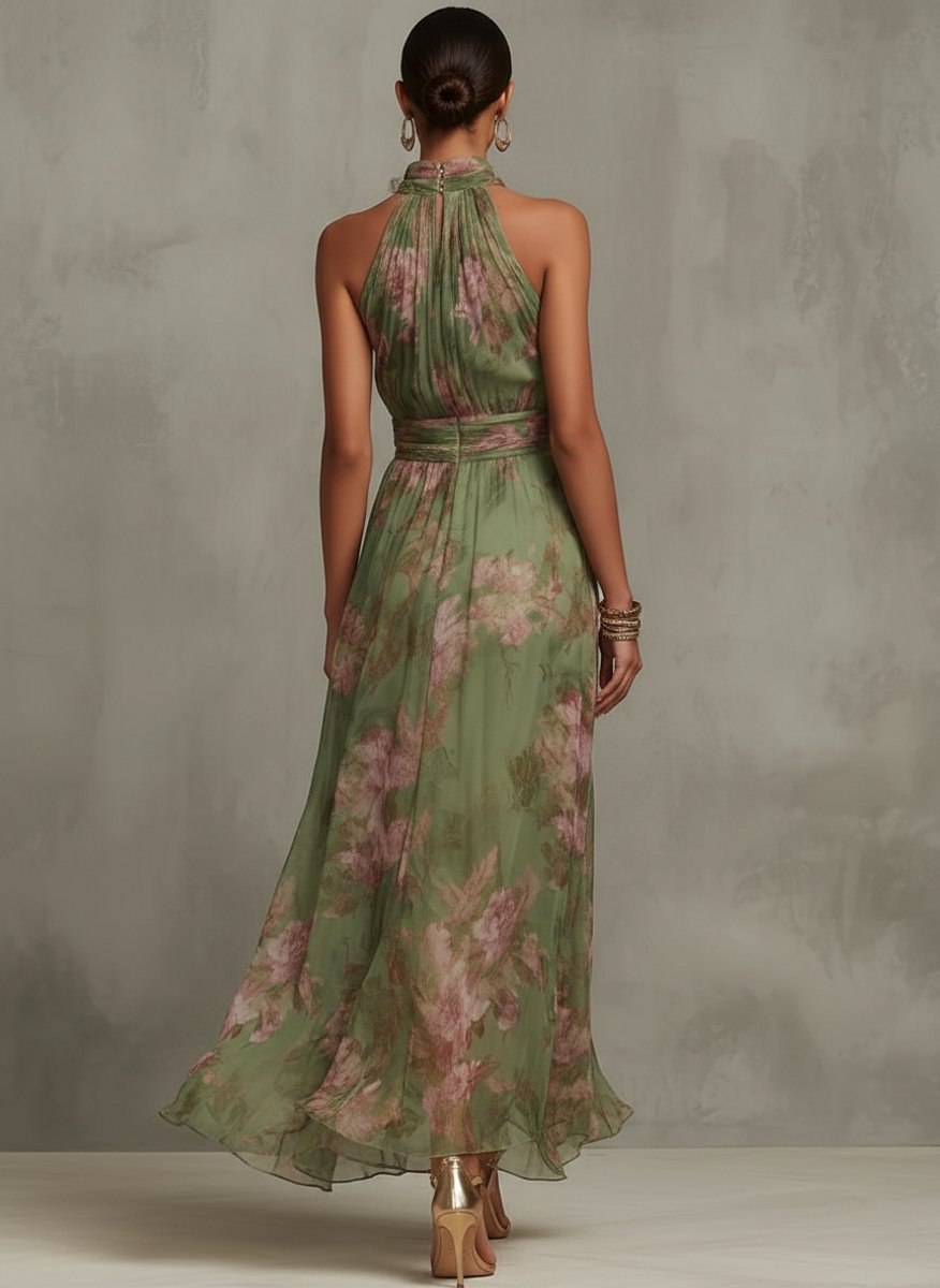 Women's Floral Halter Neck Sleeveless Maxi Dress