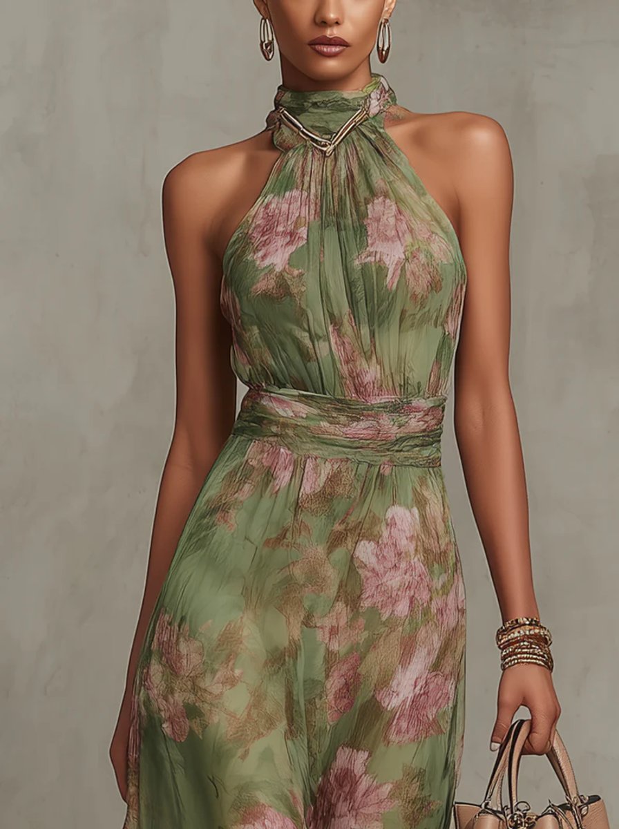 Women's Floral Halter Neck Sleeveless Maxi Dress