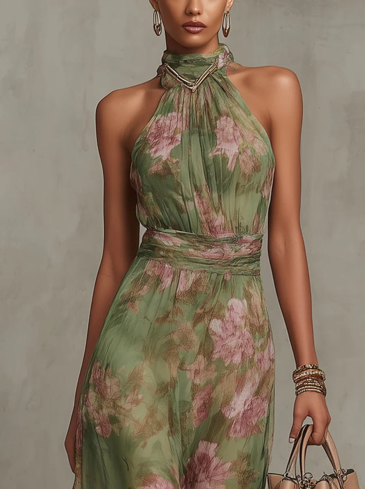 Women's Floral Halter Neck Sleeveless Maxi Dress