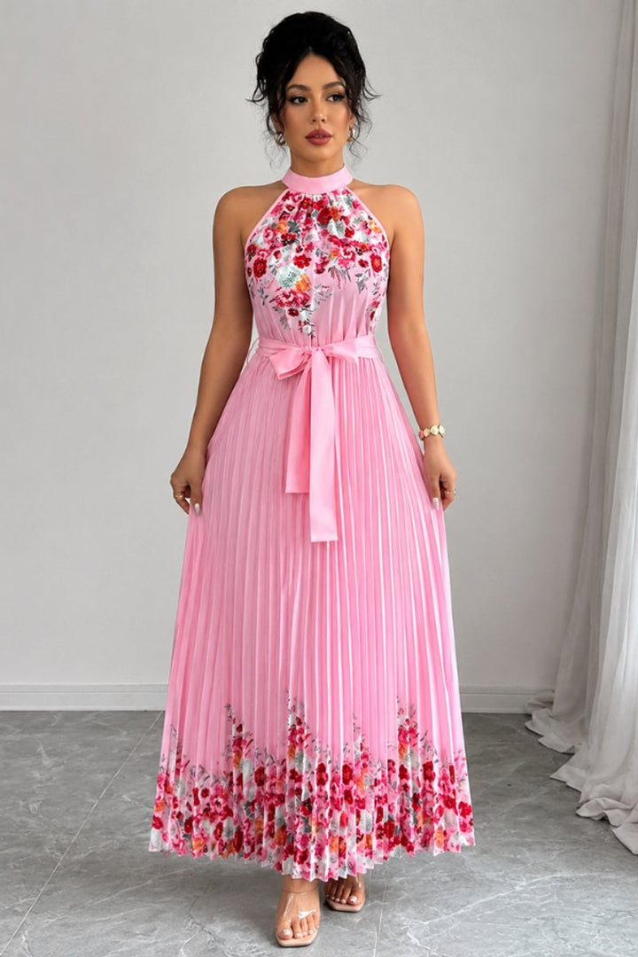 Women's Floral Halter Pleated Maxi Evening Gown - Pink