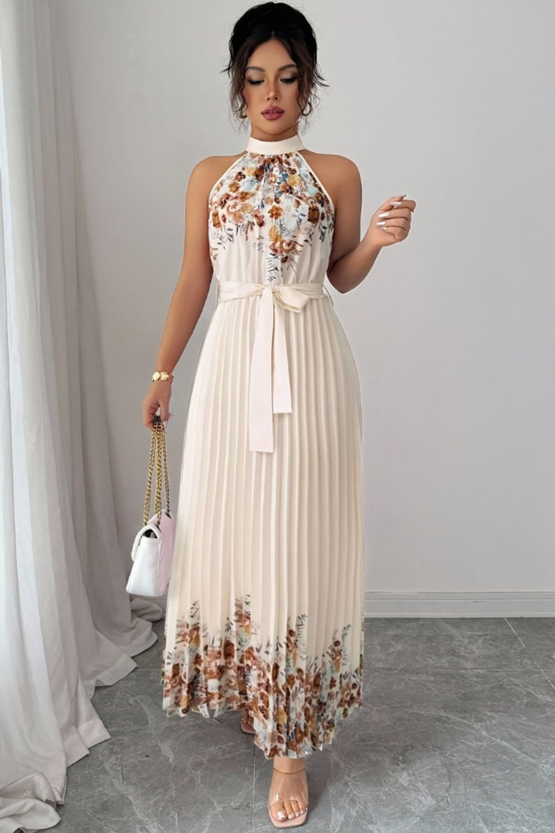 Women's Floral Halter Pleated Maxi Evening Gown - Apricot