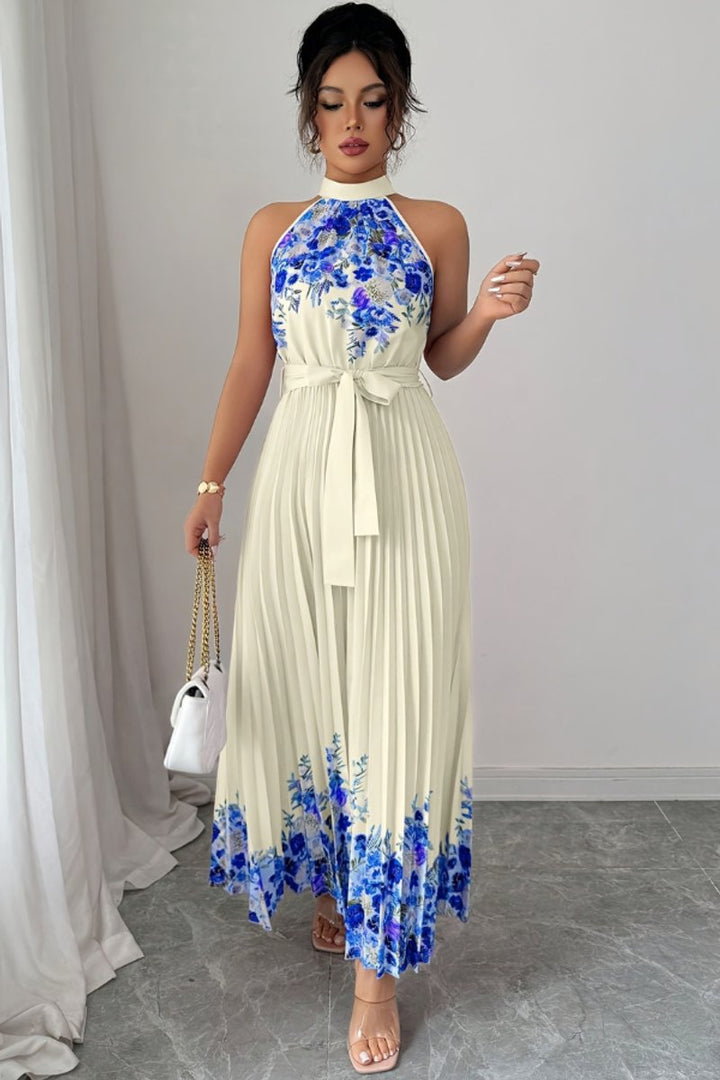 Women's Floral Halter Pleated Maxi Evening Gown - Blue Floral
