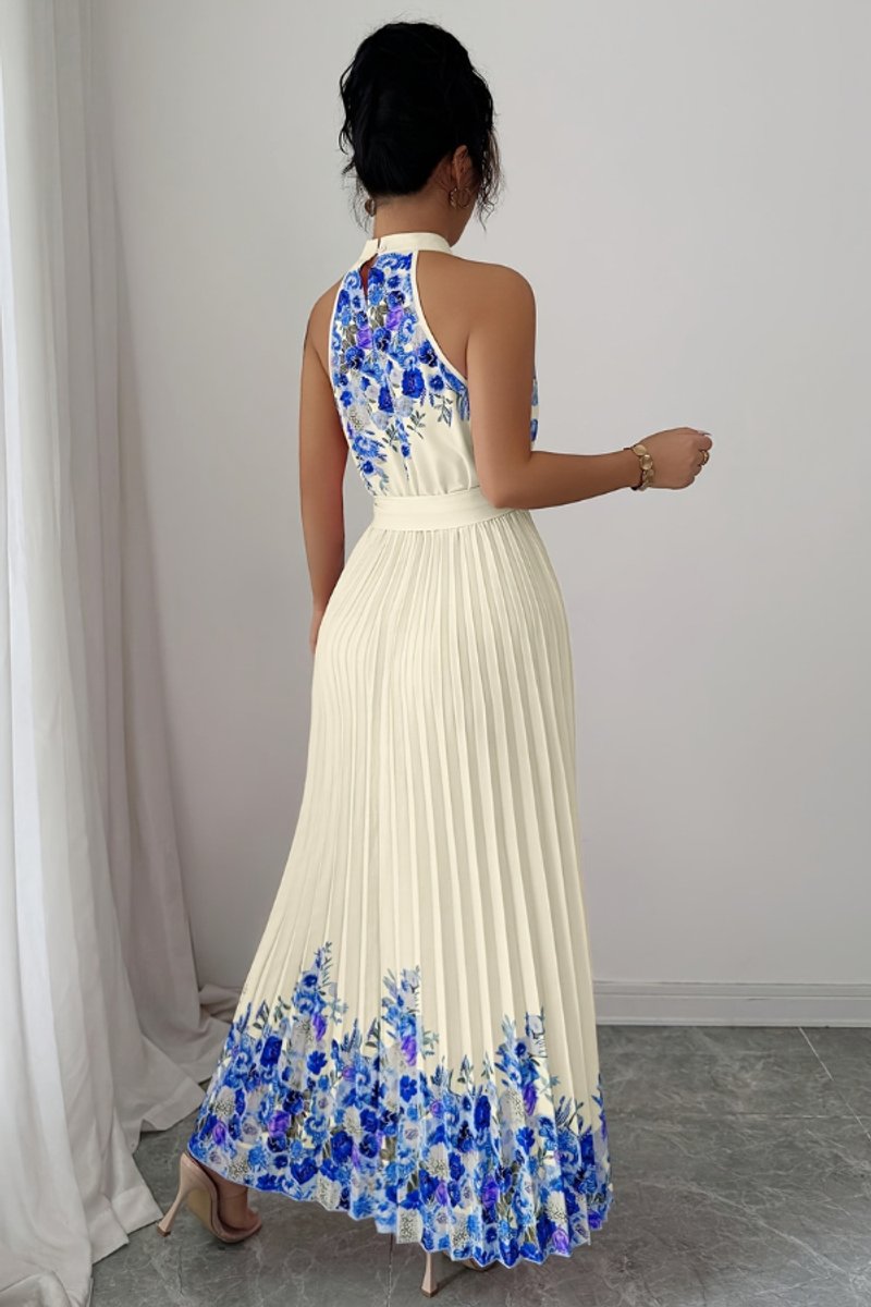 Women's Floral Halter Pleated Maxi Evening Gown