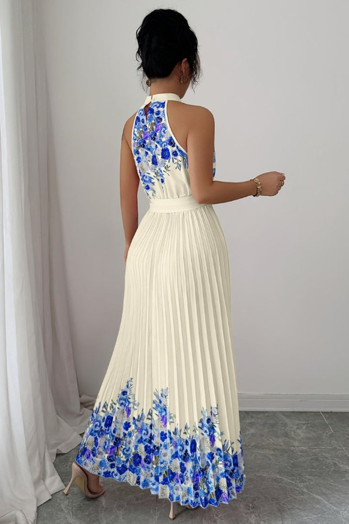 Women's Floral Halter Pleated Maxi Evening Gown