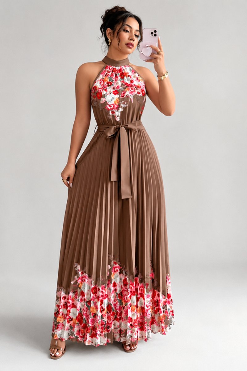 Women's Floral Halter Pleated Maxi Evening Gown - Coffee Brown