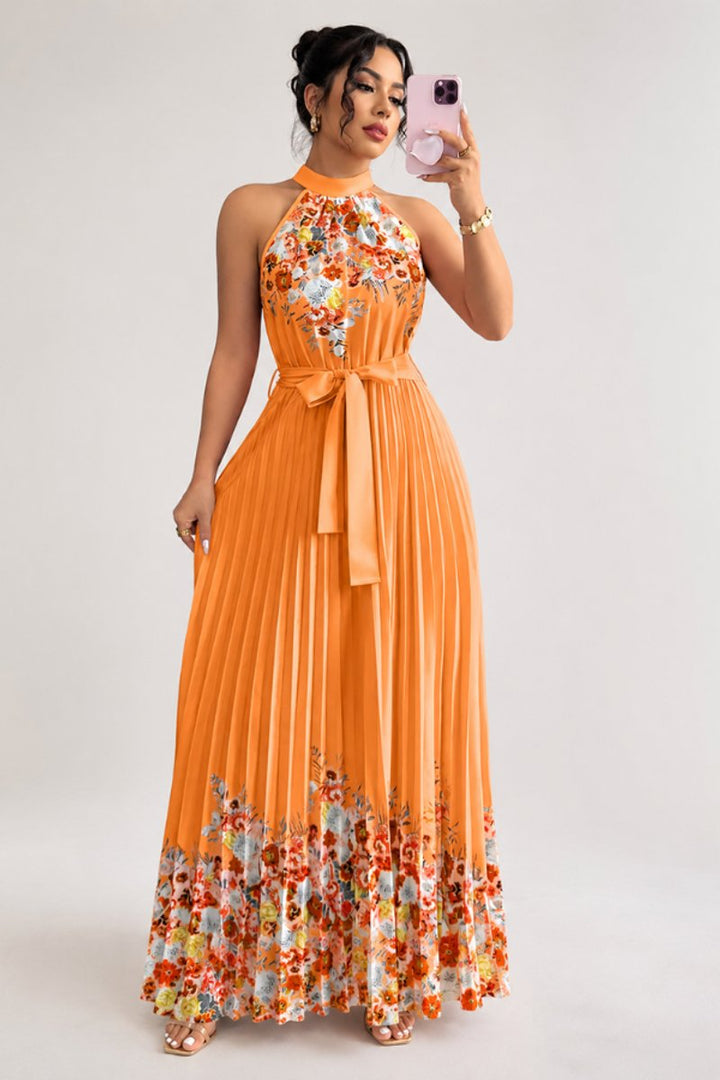 Women's Floral Halter Pleated Maxi Evening Gown - Orange