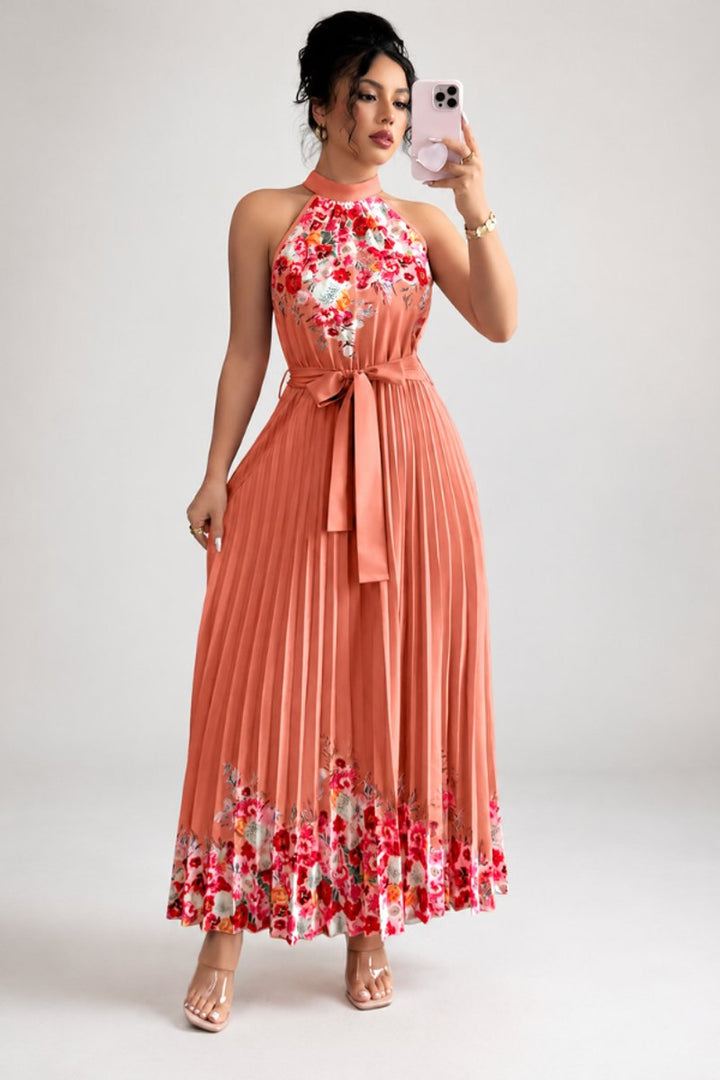 Women's Floral Halter Pleated Maxi Evening Gown - Watermelon Red