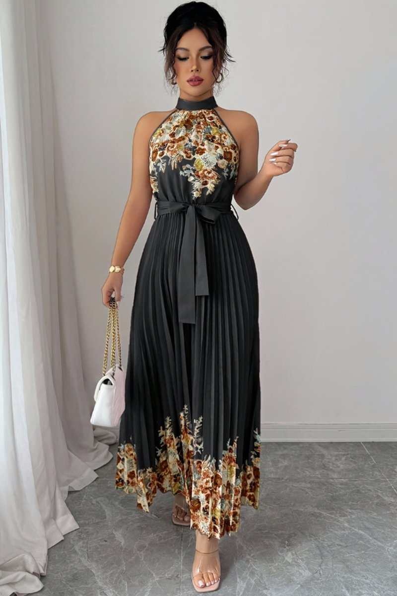 Women's Floral Halter Pleated Maxi Evening Gown - Black Bottom Coffee Flower