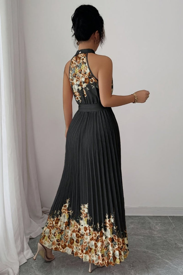 Women's Floral Halter Pleated Maxi Evening Gown