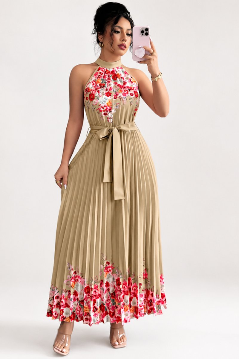 Women's Floral Halter Pleated Maxi Evening Gown - Khaki