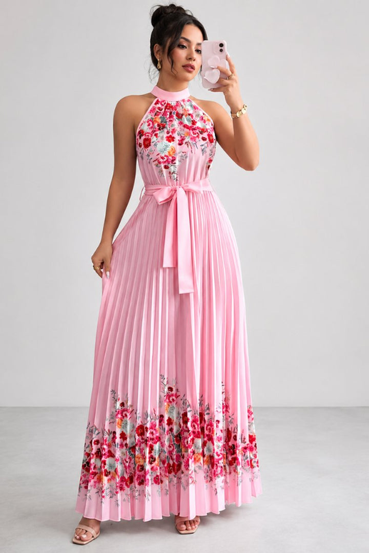 Women's Floral Halter Pleated Maxi Evening Gown