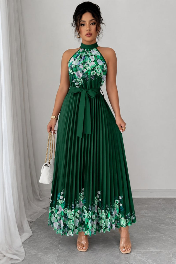 Women's Floral Halter Pleated Maxi Evening Gown - Dark Green