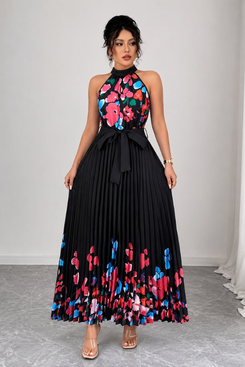 Women's Floral Halter Pleated Maxi Evening Gown - Black