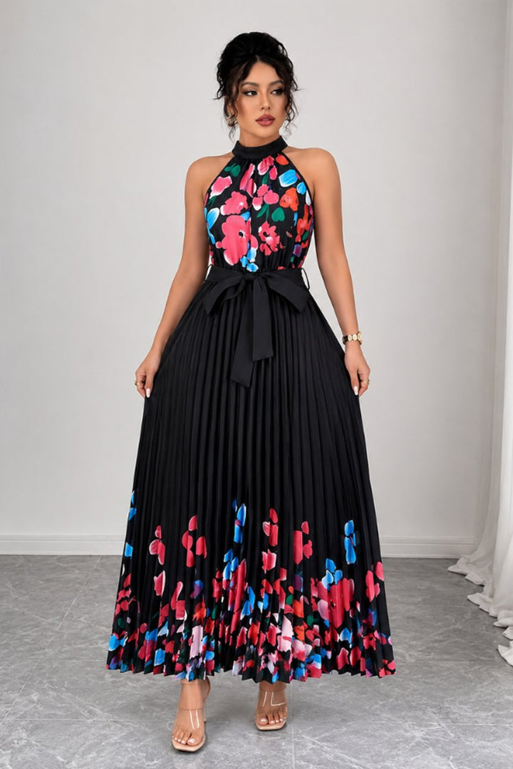 Women's Floral Halter Pleated Maxi Evening Gown - Black