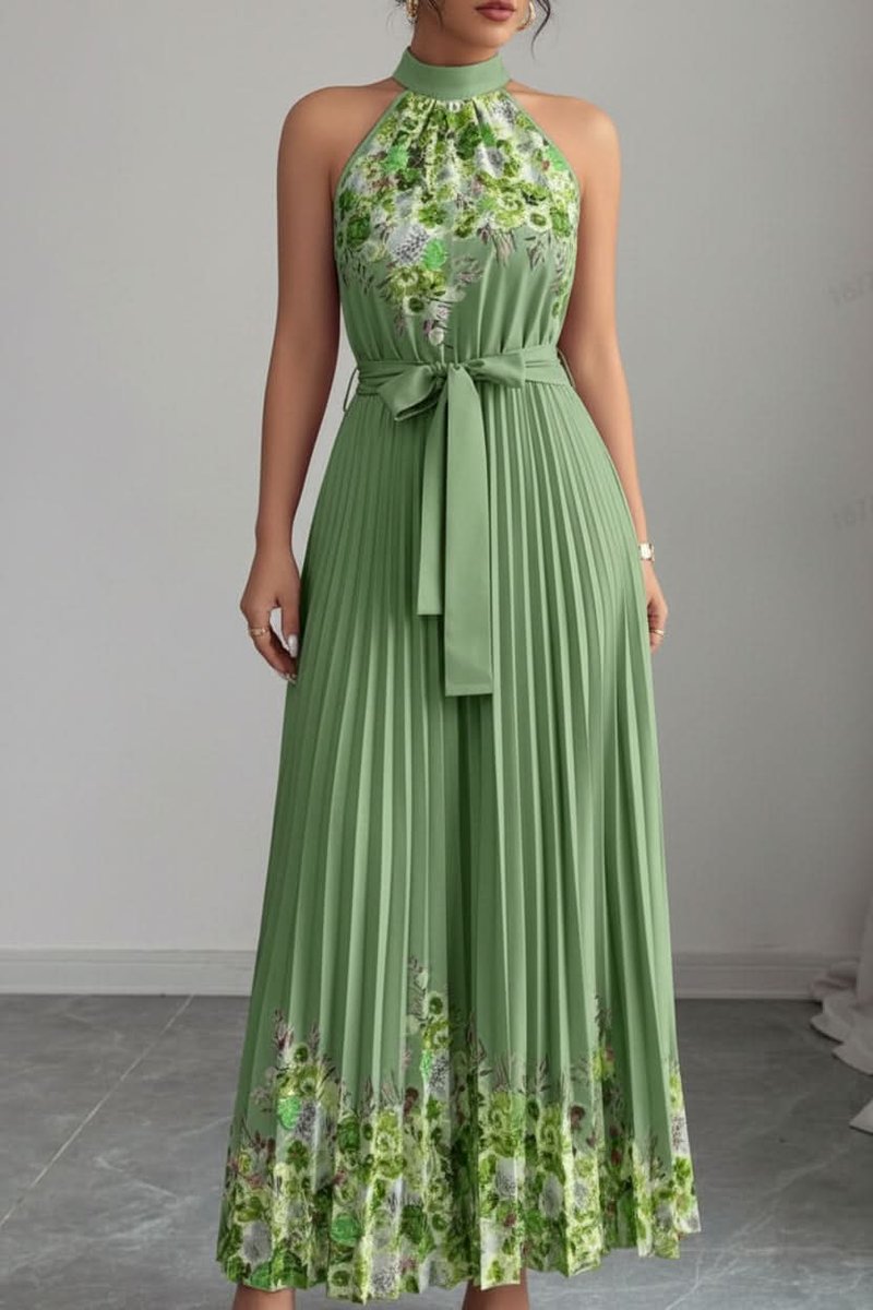 Women's Floral Halter Pleated Maxi Evening Gown - Army Green Bottom Yellow Flower
