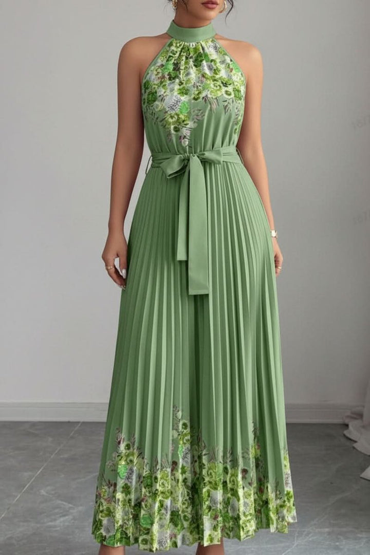 Women's Floral Halter Pleated Maxi Evening Gown - Army Green Bottom Yellow Flower
