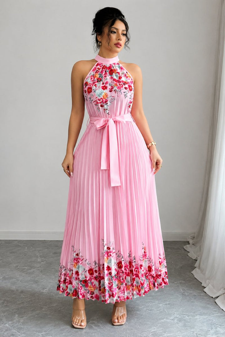 Women's Floral Halter Pleated Maxi Evening Gown
