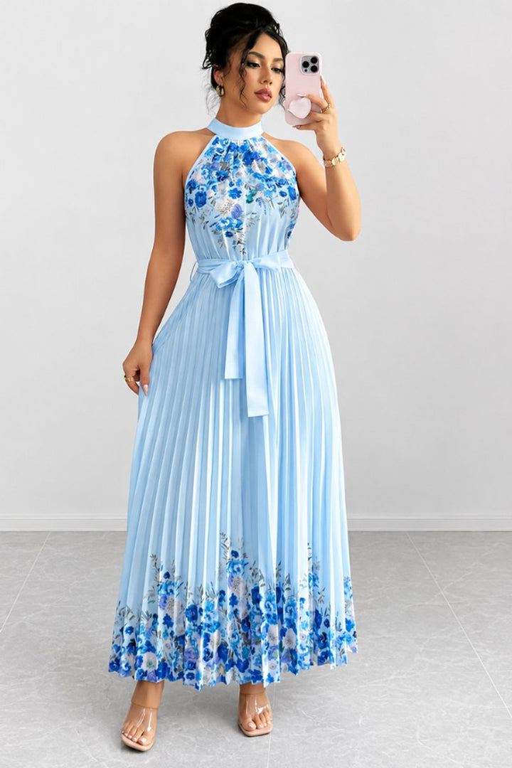 Women's Floral Halter Pleated Maxi Evening Gown - Blue