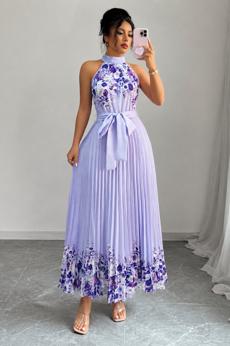 Women's Floral Halter Pleated Maxi Evening Gown - Purple
