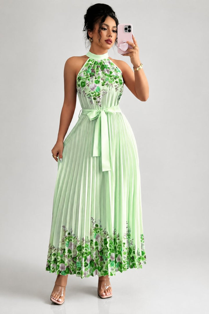 Women's Floral Halter Pleated Maxi Evening Gown - Green