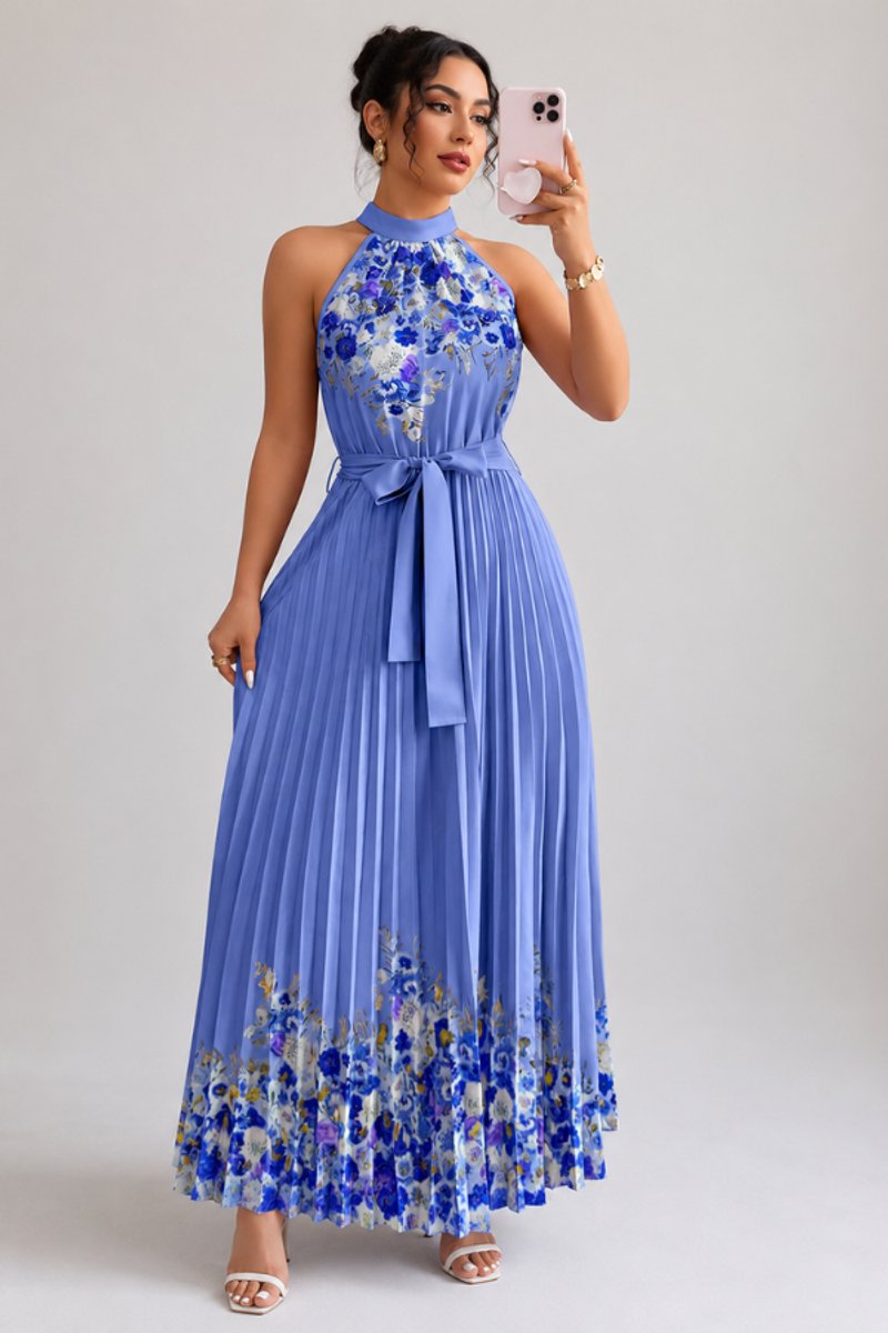Women's Floral Halter Pleated Maxi Evening Gown - Dark Blue