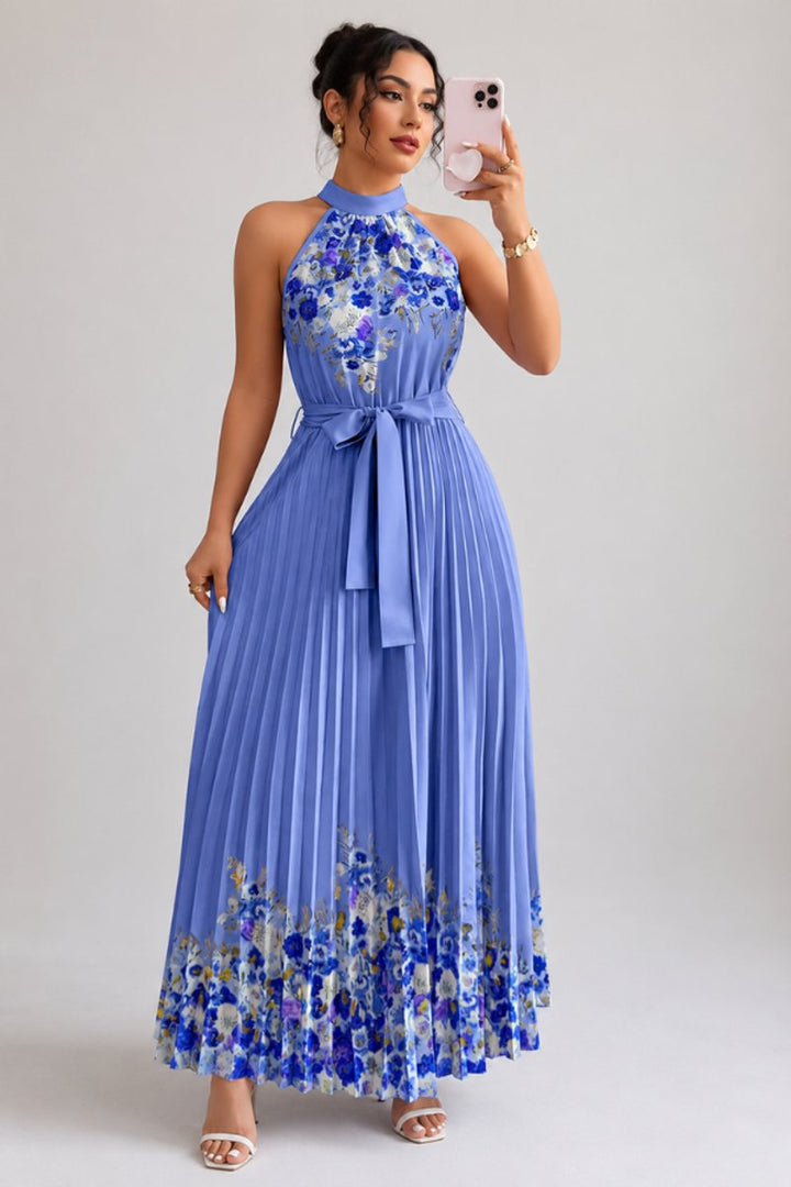 Women's Floral Halter Pleated Maxi Evening Gown - Dark Blue