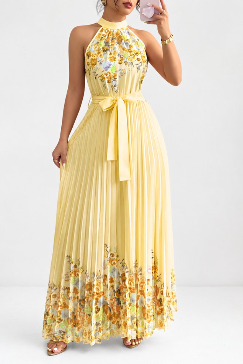 Women's Floral Halter Pleated Maxi Evening Gown - Yellow