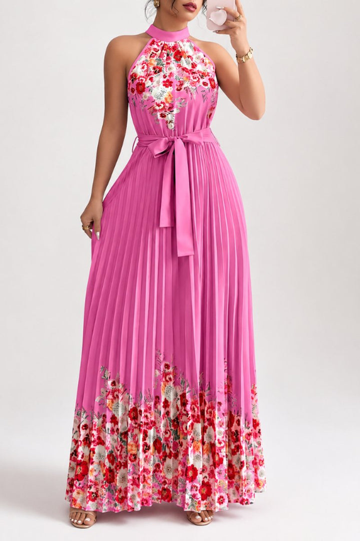 Women's Floral Halter Pleated Maxi Evening Gown - Rose Red