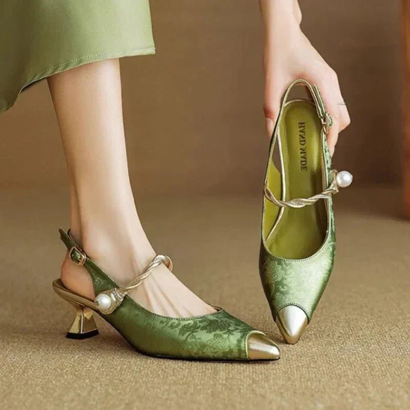 Women's Floral Jacquard Pointed-Toe Kitten Heel Slingback Pumps - Green