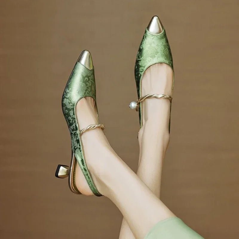 Women's Floral Jacquard Pointed-Toe Kitten Heel Slingback Pumps