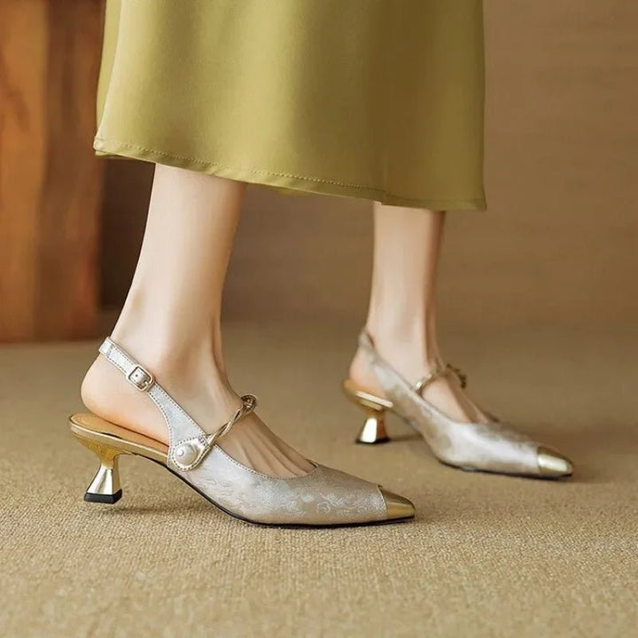 Women's Floral Jacquard Pointed-Toe Kitten Heel Slingback Pumps - Beige