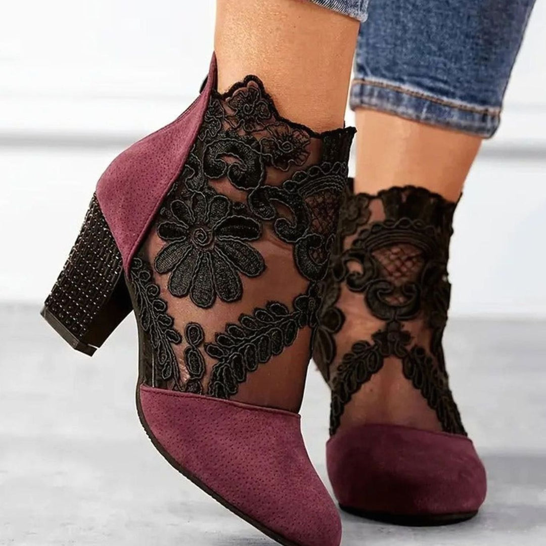 Women's Floral Lace Ankle-Boot Block Heels - Red