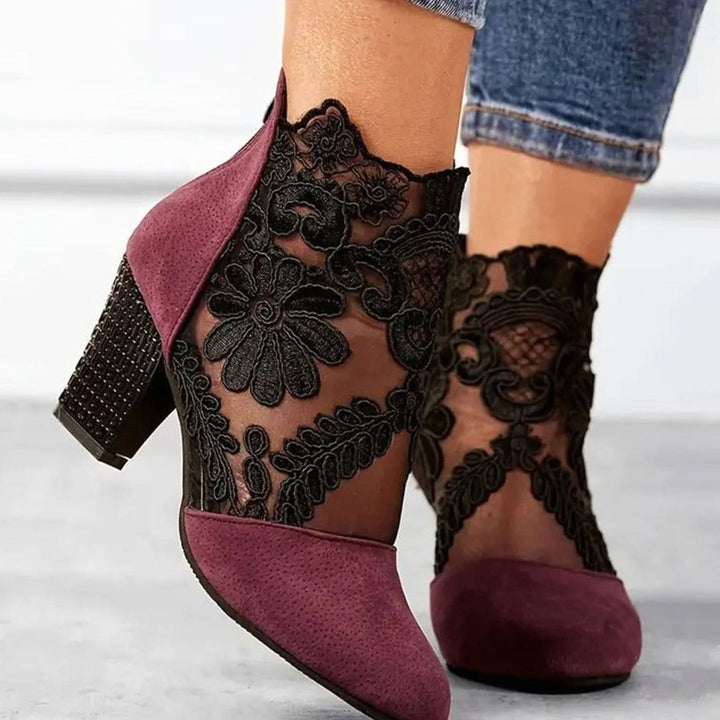 Women's Floral Lace Ankle-Boot Block Heels - Red