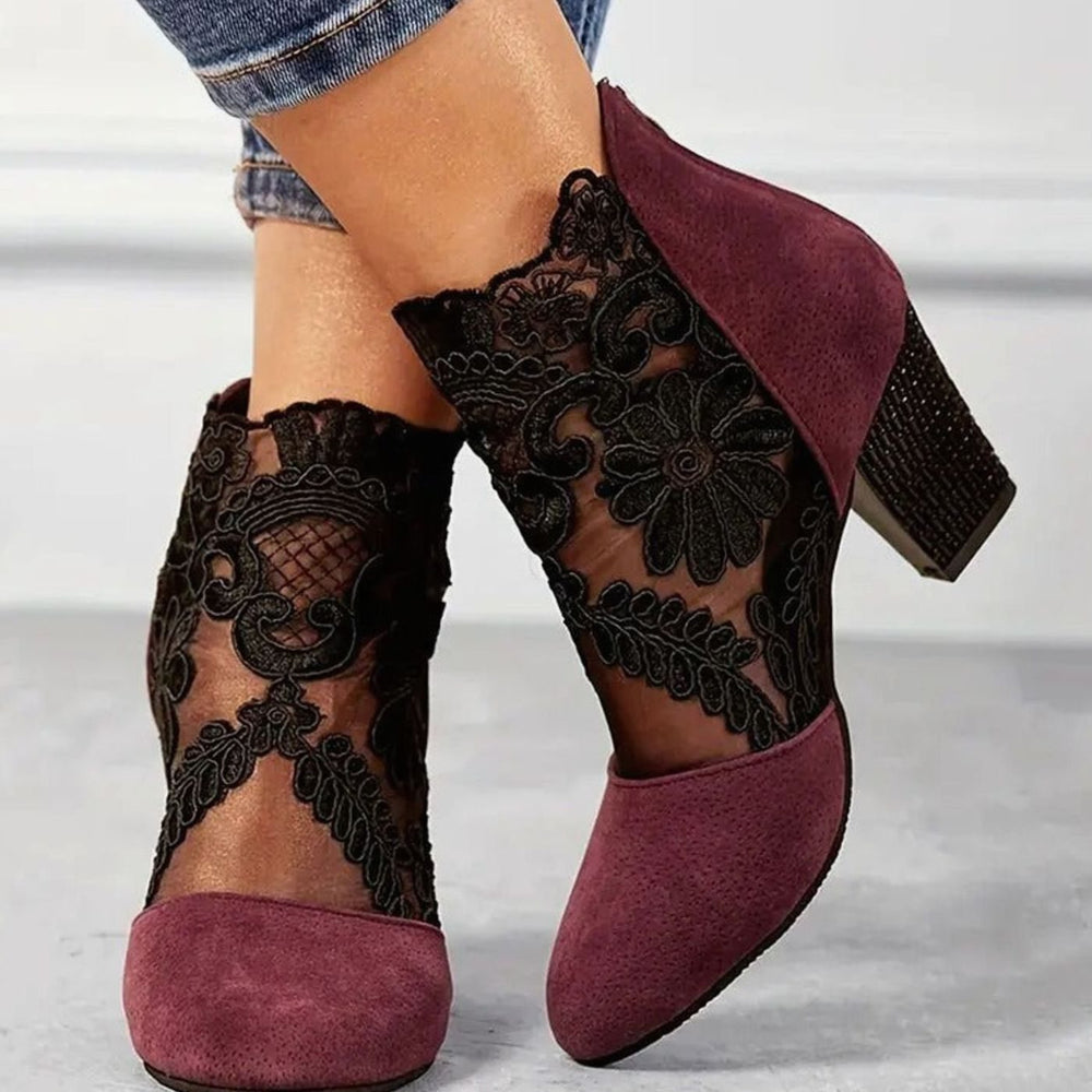 Women's Floral Lace Ankle-Boot Block Heels