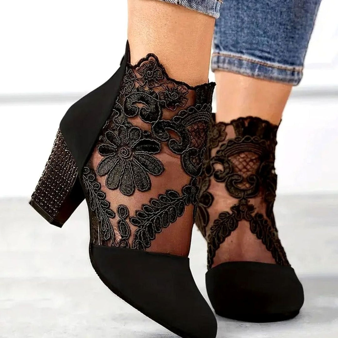 Women's Floral Lace Ankle-Boot Block Heels - Black