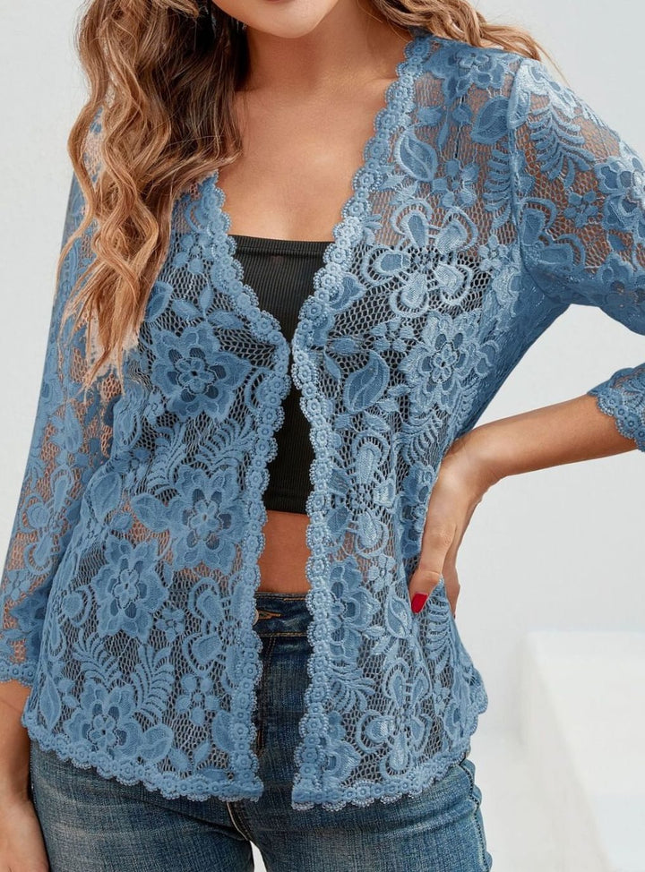 Women's Floral Lace Open-Front 3/4 Sleeve Cardigan
