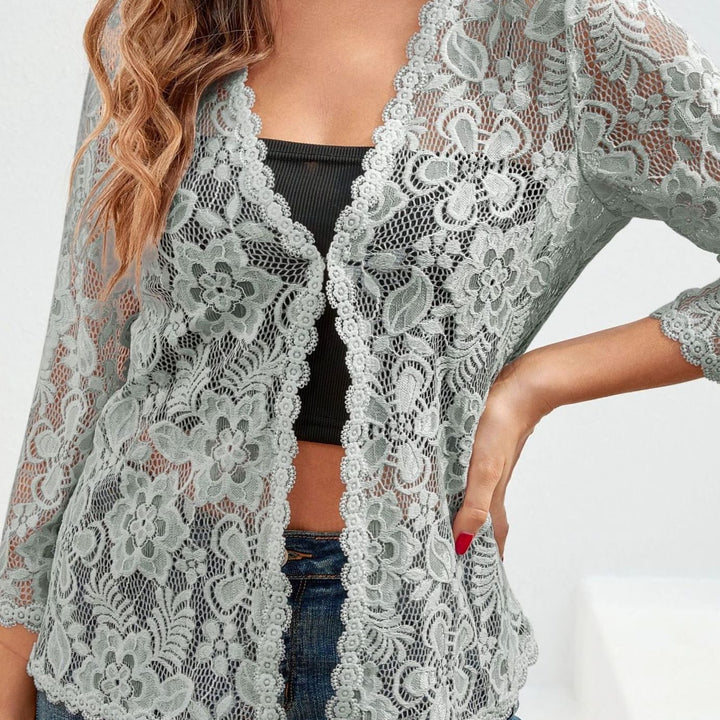 Women's Floral Lace Open-Front 3/4 Sleeve Cardigan - Silvery Grey