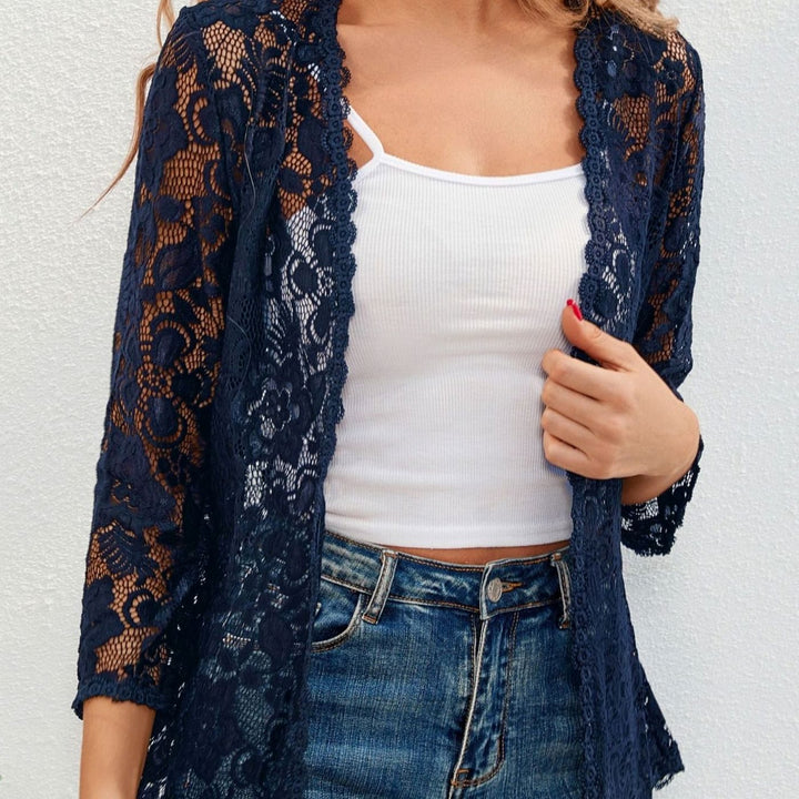 Women's Floral Lace Open-Front 3/4 Sleeve Cardigan - Navy