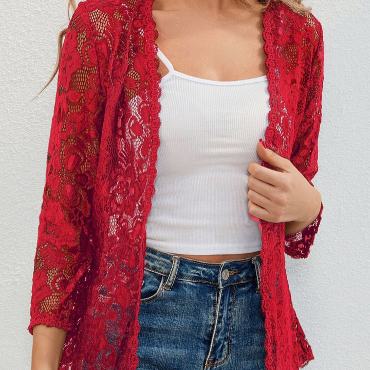 Women's Floral Lace Open-Front 3/4 Sleeve Cardigan - Red