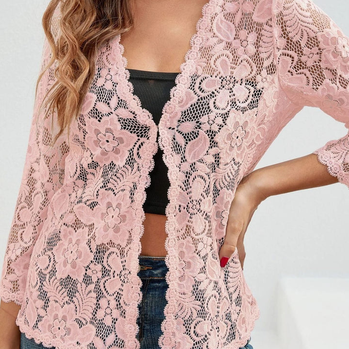 Women's Floral Lace Open-Front 3/4 Sleeve Cardigan - Pink