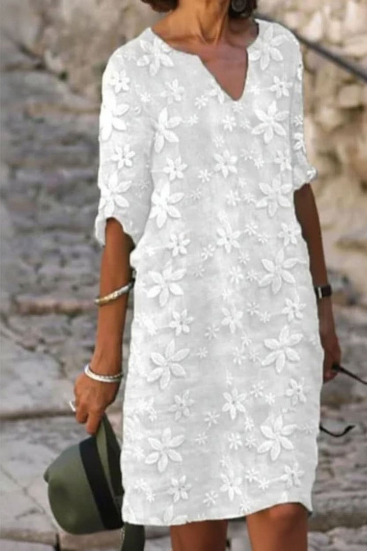 Women's Floral Lace V-Neck Evening Gown Midi Dress - White