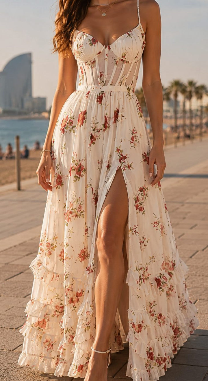 Women's Floral Maxi Barcelona Dress Spaghetti Strap Front Slit - Floral White