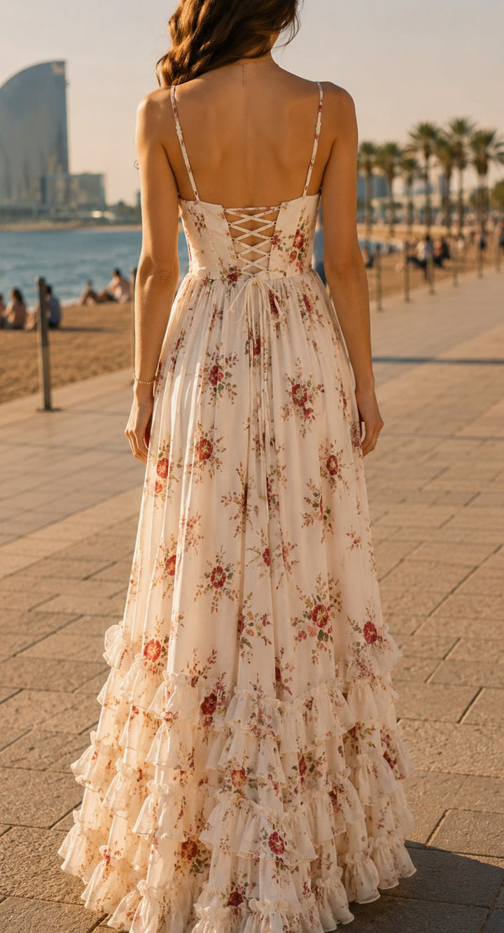 Women's Floral Maxi Barcelona Dress Spaghetti Strap Front Slit
