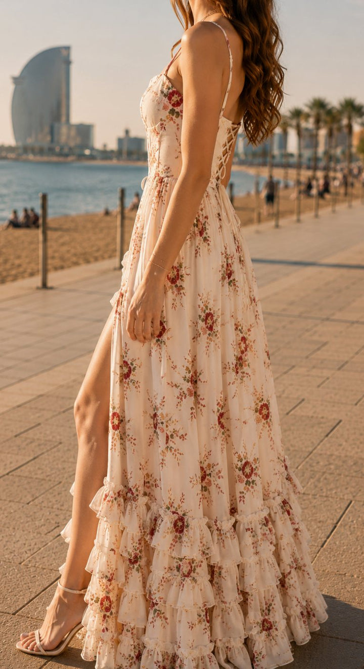 Women's Floral Maxi Barcelona Dress Spaghetti Strap Front Slit