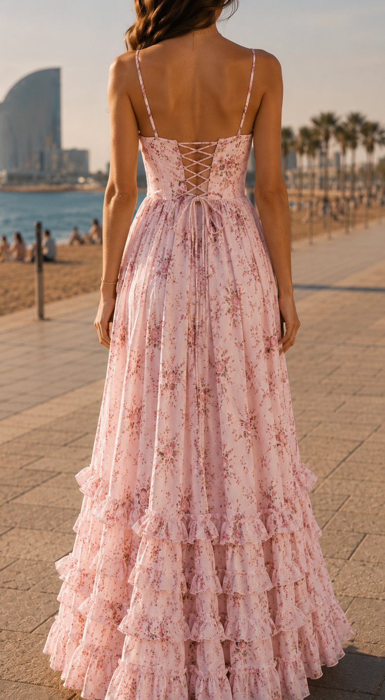 Women's Floral Maxi Barcelona Dress Spaghetti Strap Front Slit