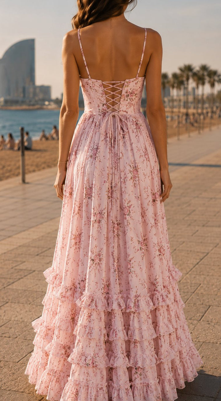 Women's Floral Maxi Barcelona Dress Spaghetti Strap Front Slit